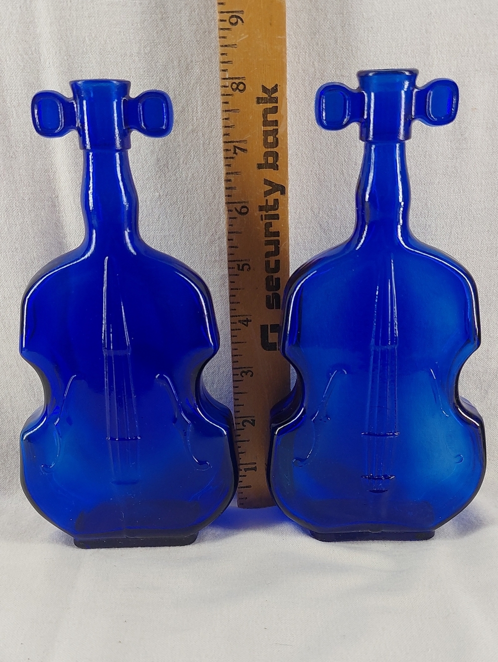 Pair 8” Vintage Cobalt Blue Glass Violin Vase Bottles Each Numbered Bottom
